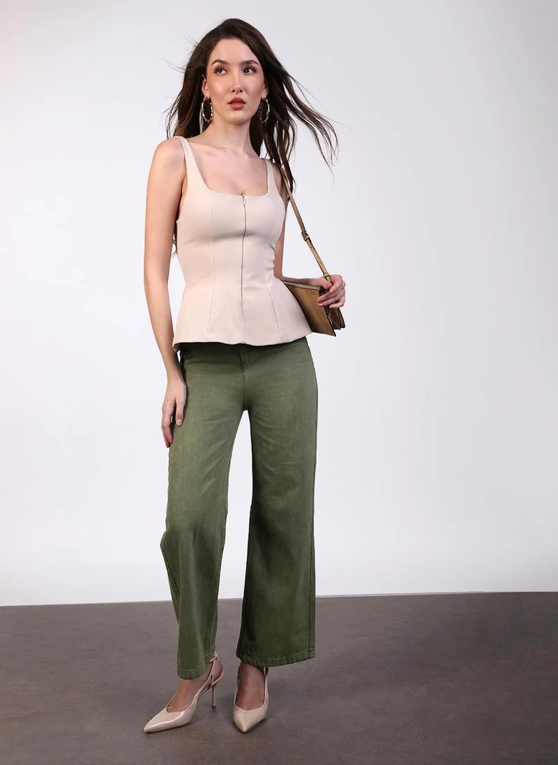 Urbano Fashion  Urbano Fashion Women's Olive Green Regular Fit Wide Leg Washed Jeans for Women | Best Price UAE